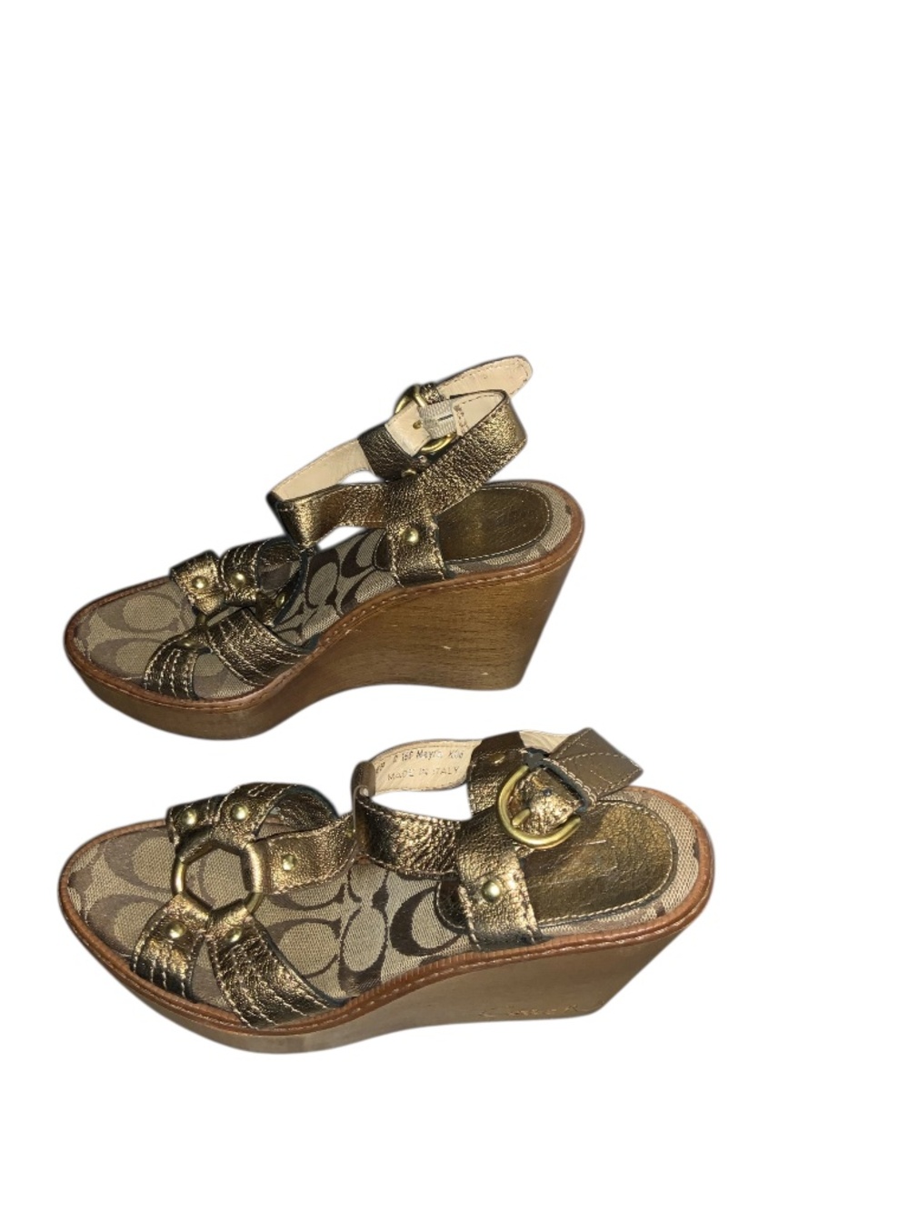 Vintage COACH MAYRA Gold Leather Signature C Wooden Wedge Platform Sandals Sz 6